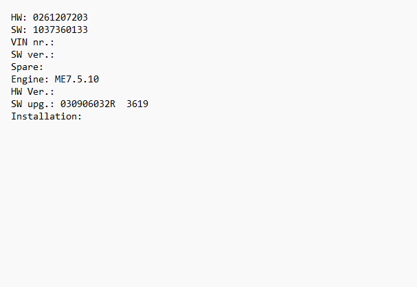 VW Lupo 1.4i ME7.5.10 0261207203 1037360133 030906032R_3619 Stage1 E2 EGR OFF ( IMMO OFF )